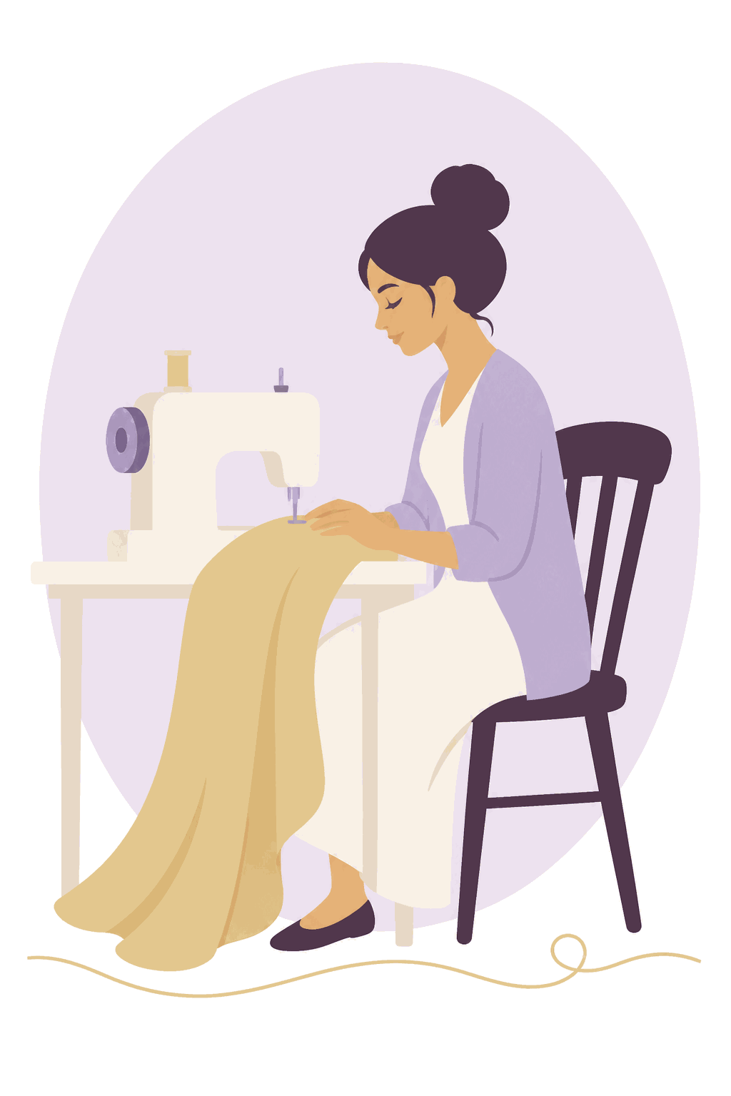 Illustration of a tailor at a sewing machine, working on a length of pale apricot fabric